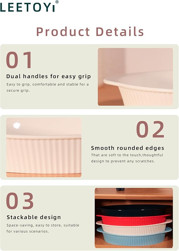 LEETOYI Porcelain 9x13 Large Oval Au Gratin Pans,Baking Dish for Servings, Bakeware with Double Handle for Kitchen and Home, Navy