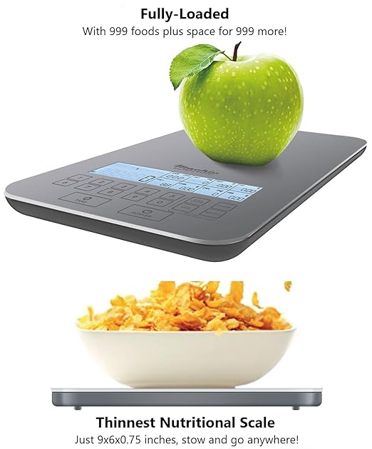 NutraTrack™ Food Scale with Nutrition Calculator, Standalone Calorie Scale for Meal Prep Weight Loss, 999 Pre-Loaded & 999 Custom Food Codes Compact Kitchen Scale Battery Operated 11lb Capacity Silver