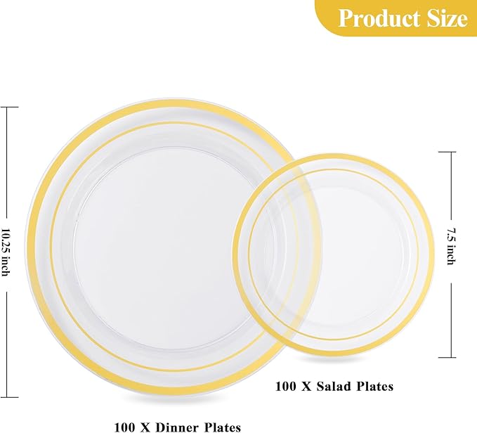 Goodluck 200PCS Clear Gold Plastic Plates, Heavy Duty Disposable Clear Plates with 100 10.25 inch Dinner Plates and 100 7.5 inch Dessert Plates for Party, Holiday, Wedding, Thanksgiving