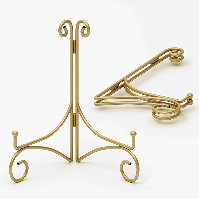 Plate Stand for Display with Hinged Folding Design, 6 Inch Picture Stands for Tables, Small Easels for Displaying Book, Art Piece, Photo and Platter, 6’’ Gold, 2-Pack