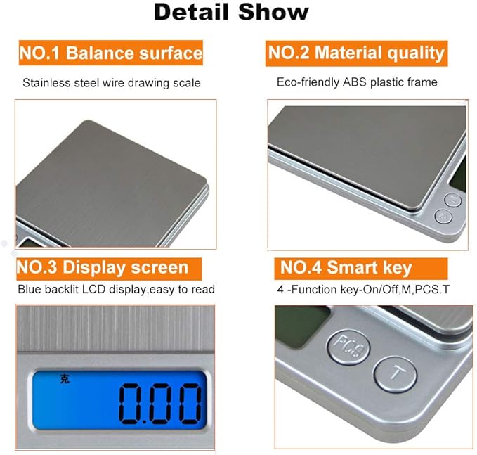 Digital Kitchen Scale,High Precision Stainless Steel Multifunction Food Scale Grams and Ounces Back-Lit LCD Display Small Pocket Jewelry Scales Auto Off,Tare,PCS,UNTS/Mode (500g/0.01g)