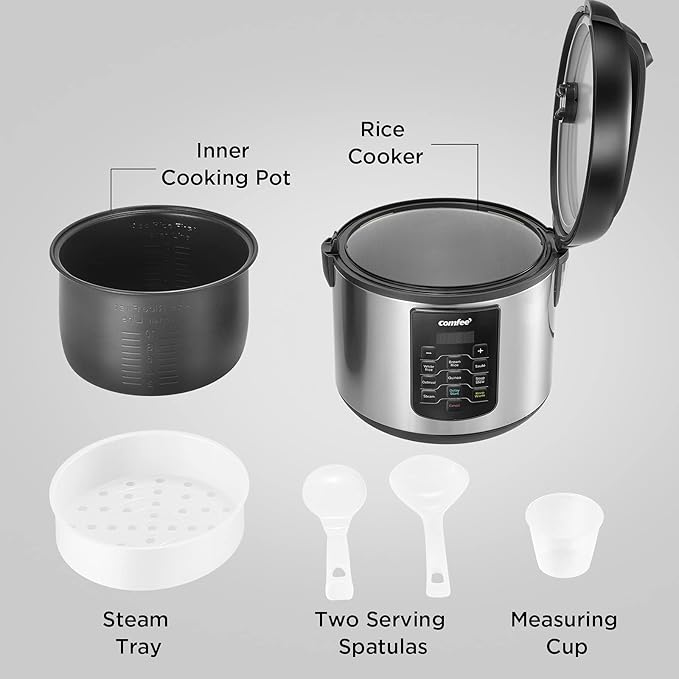 COMFEE' Rice Cooker 10 cup Uncooked/20 cup Cooked, Rice Maker, Steamer, Saute, Steamer and Warmer, 5.2 QT Large Capacity, Brown Rice, Quinoa and Oatmeal, 8 One-Touch Programs