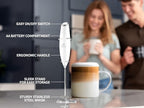 Zulay Premium Gift Milk Frother Set – Handheld Coffee Frother with Stand, 12oz/350ml Frothing Pitcher + 4 Latte Art Stencils – 13,000 RPM Motor, SS Whisk, Battery Operated – Barista Kit (White)