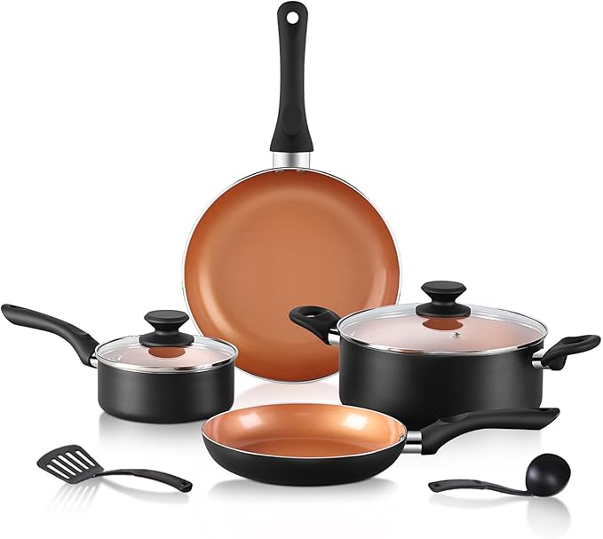 BECIGAR 8pcs Gold Ceramic Pots and Pans Set, Cooking Pan Set,Cooking Pot Set Ceramic Pan Set, Nonstick Cookware Set, Induction Safe Kitchen Cooking Set with Frying Pans, Saucepans, shovel and Ladle