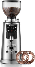 MOKKOM Professional 64mm Plated Flat Burr Coffee Grinder with 100 Grind Settings, All-Metal Stainless Steel Body, Coffee Bean Grinder with Adjustable Electronic Timer, Anti-Static, LED Display