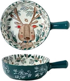 Ceramic Baking Pan, Forest Animals Pattern Tableware With Handle Salad Bowl Au Gratin Dish(Deer round)