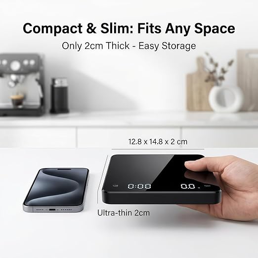 Partyreal Digital Kitchen Coffee Scale, Slim Food Scale with Tare and g/oz/ml Units, Backlit Display, USB-C Rechargeable with AAA Backup, 3kg, Black