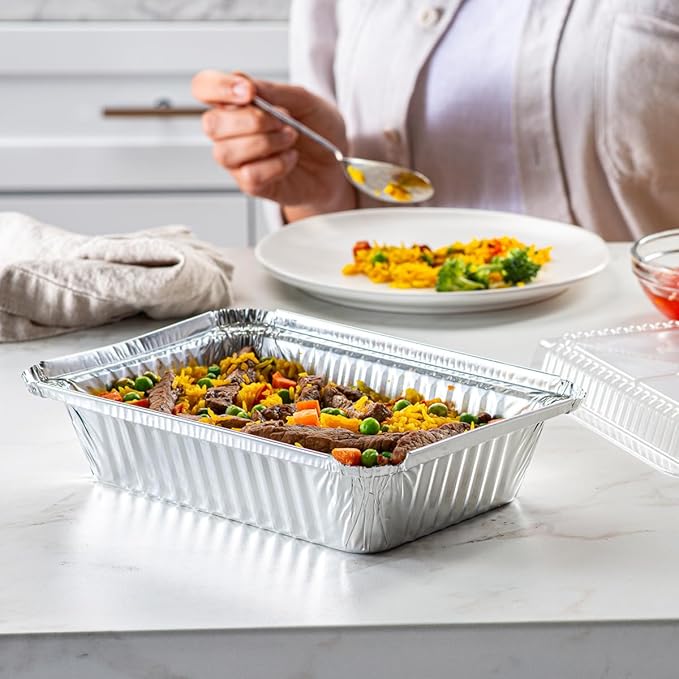 GUSTO [2 lb - 50 Count Disposable Aluminum Foil Pans with Clear Dome Lids, 8x5 Takeout Pans – Great for Baking, Cooking, Storage, and Freezing (Formerly Comfy Package)