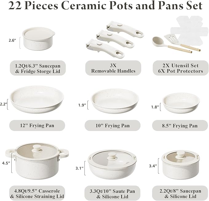 Bazova 22-Piece Pots and Pans Set Non Stick with Removable Handles, Ceramic Cookware Set, Large-Capacity & Non Toxic, Induction & RV Compatible, Dishwasher Safe, PFAS/PTFE/PFOA Free, White