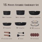 CAROTE 15Pcs Ceramic Cookware Set, Pots and Pans Set Non stick, Kitchen Cooking Set with Detachable Handle, Non Toxic Induction Cookware, Dishwasher/Oven Safe, PFAS Free, Black&Gold
