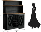 Farmhouse Coffee Bar Cabinet with 3 Tier Storage Hutch, 47'' Coffee Bar Station with Sliding Barn Door, Hutch Storage Cabinet with 9 Wine Racks & 9 Hooks for Kitchen Dining Living Room
