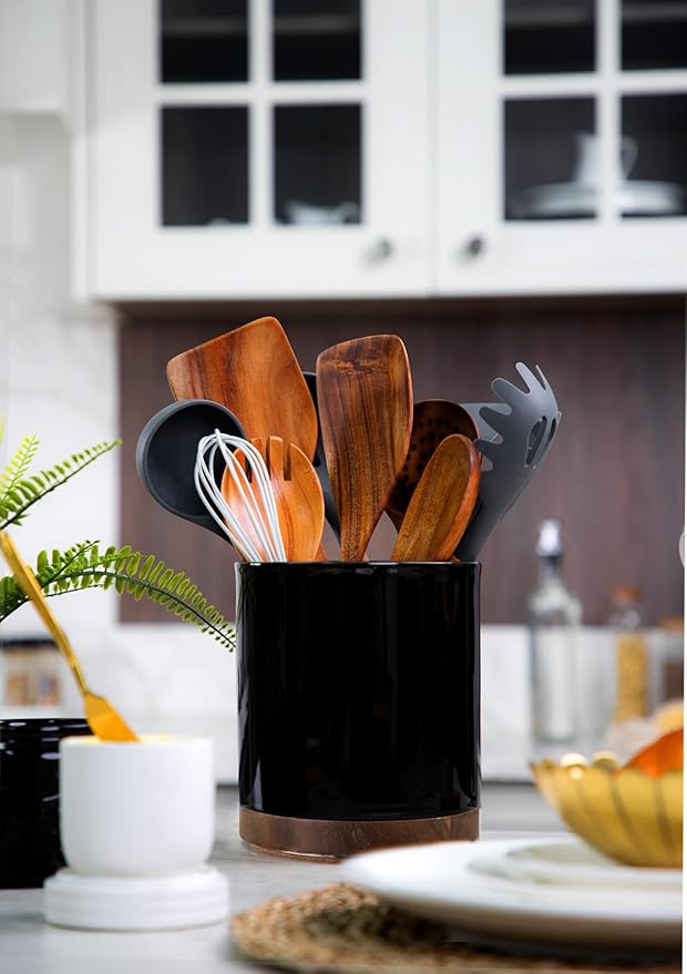 Nucookery 360° Rotating Utensil Holder, 7.2" Large Utensil Crock, White Ceramic Cooking Utensil Organizer with Countertop-Protection Cork Bottom for Farmhouse Kitchen Decor Gift (Black)