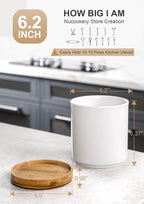 Nucookery 360° Rotating Utensil Holder, 7.2" Large Utensil Crock, White Ceramic Cooking Utensil Organizer with Countertop-Protection Cork Bottom for Farmhouse Kitchen Decor Christmas Gift (White)