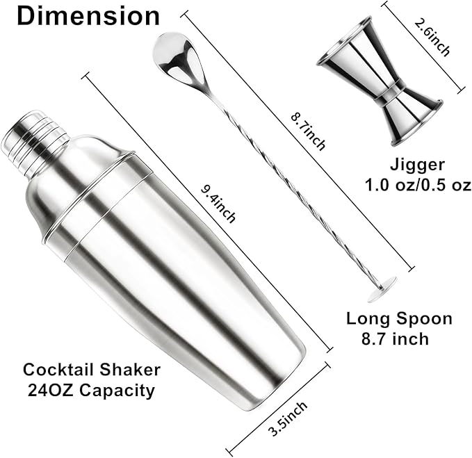 Ohtomber 24OZ Cocktail Shaker Set - Cocktail Bar Martini Drink Shaker Set with Strainer, Stainless Steel Bartender Kit Drink Mixer with Jigger, Mixing Spoon, Bar Accessories for Beginners