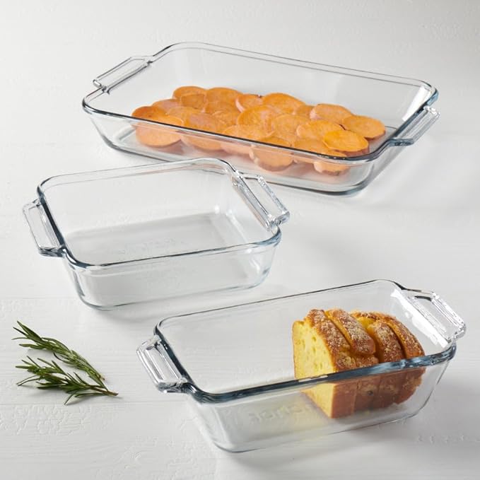 Anchor Hocking Glass Baking Dishes for Oven, 3 Piece Set (3 Qt Glass Casserole Dish, Cake Pan, and Bread Pan)