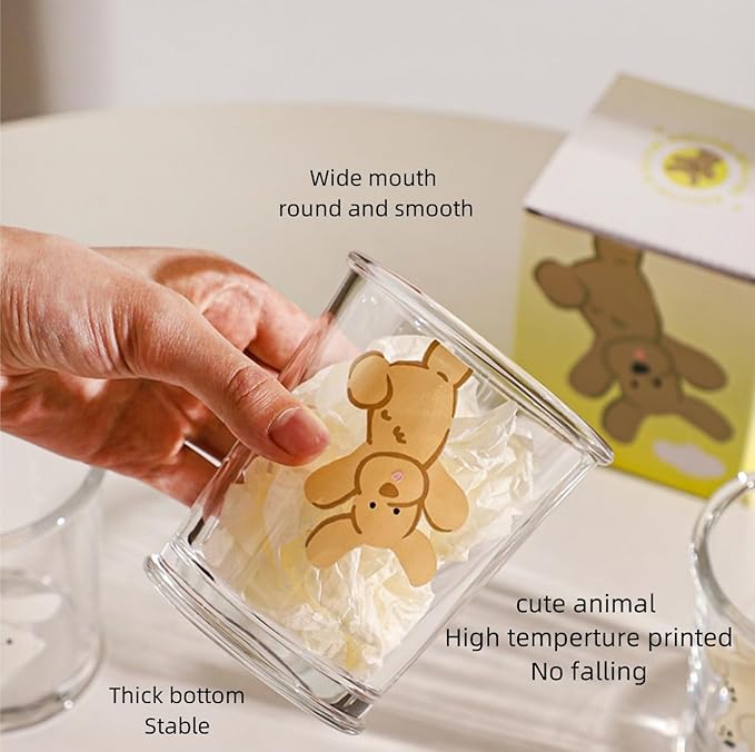 Set of 2 12 OZ French Drinking Glasses Clear Glass Coffee Cup Cute Bear Dog Glass Cups for Iced Tea,Juice,Coffee,Milk,Latte,Dessert,Stackable Glassware Drinkware Set