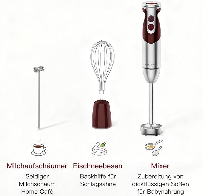 MegaWise Pro Titanium Reinforced 3-in-1 Immersion Corded Hand Blender, Powerful MOTOR with 80% Sharper Blades, 12-Speed Corded Blender, IncludingWhisk and Milk Frother (3-in 1 Red)