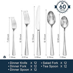 KINGSTONE Silverware Set for 12, 60-Piece Forged 18/10 Stainless Steel Flatware Set, Mirror Finish Cutlery Set Dishwasher Safe for Home, Restaurant, Wedding, Party, Gift