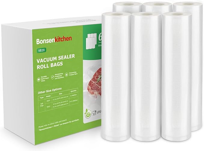 Bonsenkitchen 6 Rolls 8" x 16' Vacuum Sealer Bags for Food with a Color Box, Easy to Store, Commercial Grade, BPA Free, Great for Food Storage or Sous Vide, VB20