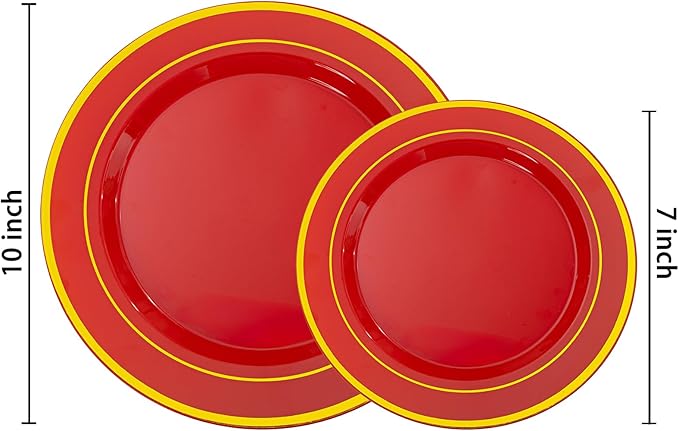 NOCCUR 200PCS Red Plastic Plates for 100 Guests - Include 100PCS 10" Dinner/ 100PCS 7" Dessert Plastic Plates Heavy Duty - Ideal for Wedding/Party/Christmas