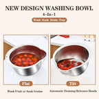 Rice Washer Strainer Bowl - 4-in-1 Washing Bowl for Quinoa, Stainless Steel Rinser With Side Drainers Small Colander for Cleaning Fruits, Vegetables, and Beans - Versatile Kitchen Tool