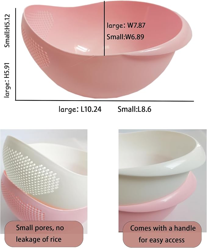 2-in-1 Rice Colander, Vegetable and Fruit Cleaning Filter Basket, 2Piece Sturdy and Easy-To-Use Food Grade Kitchen Tool Accessories (white, large+small)