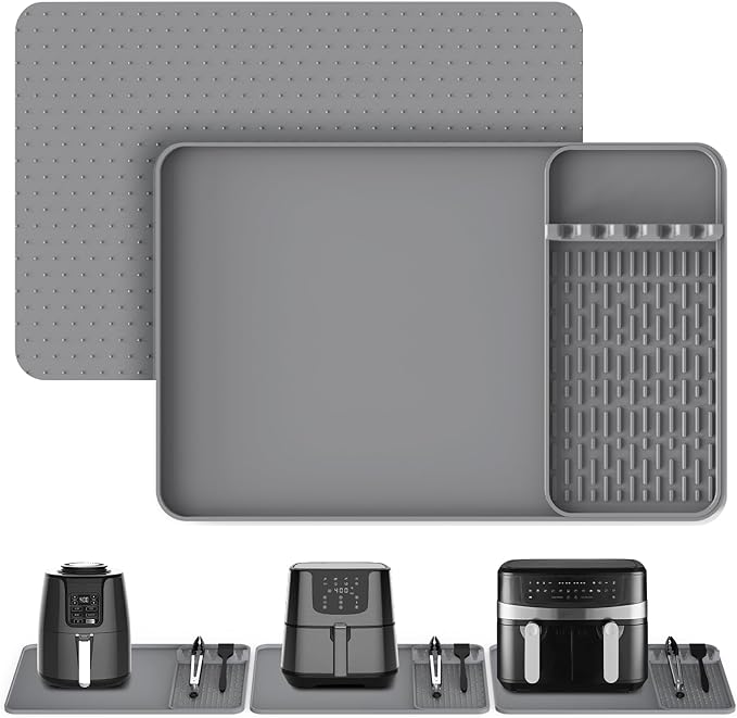 Silicone Heat Resistant Mats for Countertop,24x16 Inch Air Fryer Mat with Kitchen Accessories Holder Pad for Microwave/Oven,Compatible with Ninja/Cosori/Chefman/Toshiba,Kitchen Countertop Protector