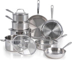T-fal Pro Tri-Ply Stainless Steel Cookware Set 13 Piece Induction Compatible, Oven Safe 500F, Lids 350F, Fast & Even Heat, Pots and Pans Set, Professional Quality, Kitchen Essentials, Silver