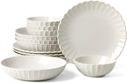 Lenox Dinnerware Set, French Perle Scallop White 12-Piece Set, Service For 4, Stoneware, Dishwasher Safe, Microwave Safe, Plates and Bowls sets, Dish Set, Plate Set, Home And Kitchen (White, 12 Piece)