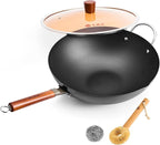 WANGYUANJI 14.2" Flat-Bottom Iron Wok with Glass Lid, Uncoated Stir-Fry Pan, Rapid-Heating Refined Iron, Induction/Gas/Electric Compatible, Wooden Handle (Seasoning Required)