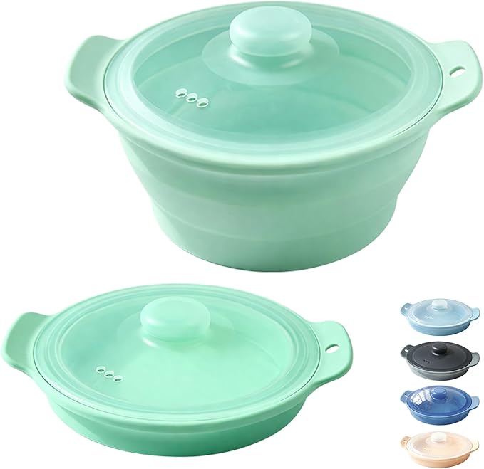 42oz Silicone Microwave Steamer For Vegetables, Cooker For Microwave with Handle & Lid, Collapsible Steam Pot, Heat-Resistant Cooker with Steam Holes, BPA Free, Dishwasher Safe (Green), 1 Pack