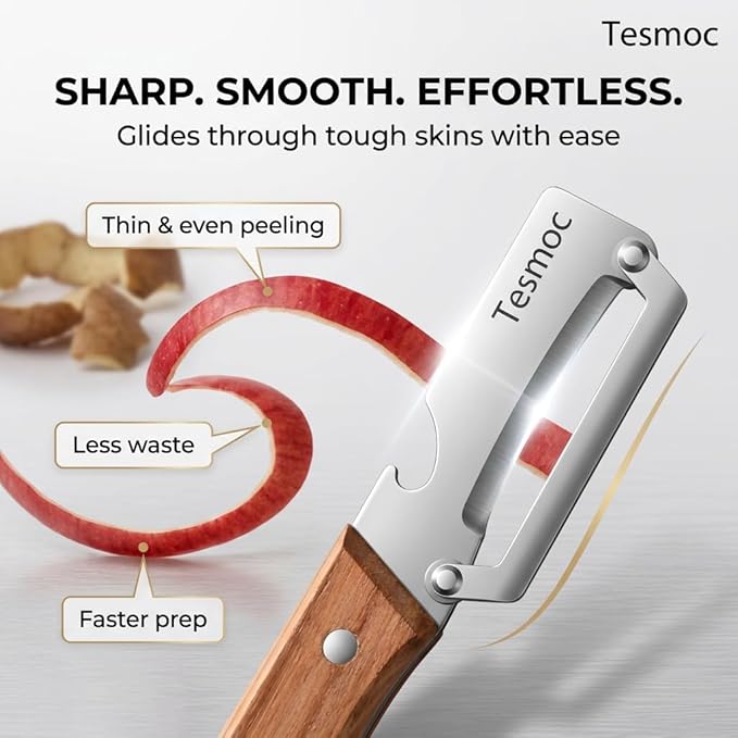 Multifunctional Fruit and Vegetable Peeler,Premium Stainless Steel Blade,Wooden Handle Hand Tool with Bottle Opener,Julienne Peeler for Potato,Cucumber,Orange,Pineapple,Veggie (1)