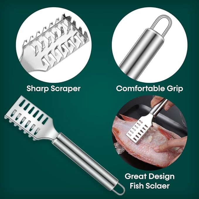 Comfecto 5 Pcs Stainless Steel Fish Scaler Remover Scraper with Sawtooth, Sturdy Ergonomic Fish Skin Graters with Bone Tweezer Dig Out Blade Knife Peeler Bottle Opener and Pouch, Reguler, Silver
