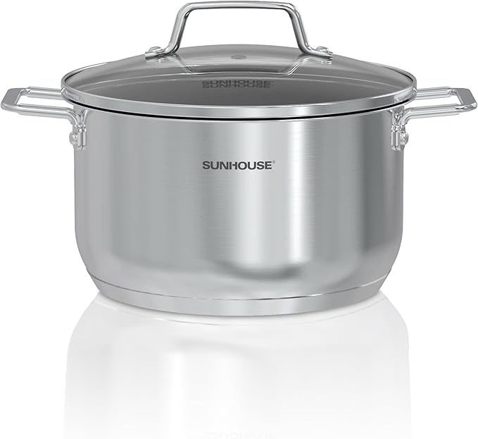 SUNHOUSE 18/8 Stainless Steel Stock Pot - 6.5 Quart Heavy-Duty Induction Cooking Pot with Visible Lid for Pasta, Soup, Spaghetti - Nonstick Thick-Bottom Deep Stockpot