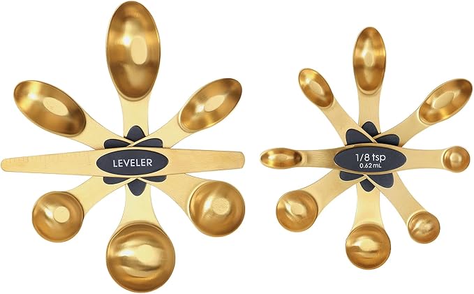 Magnetic Measuring Spoons Set, Stainless Steel, Dual Sided, Stackable, Dual Sided for Measuring Dry and Liquid Ingredients, Fits in Spice Jars, Set of 8（Gold ）