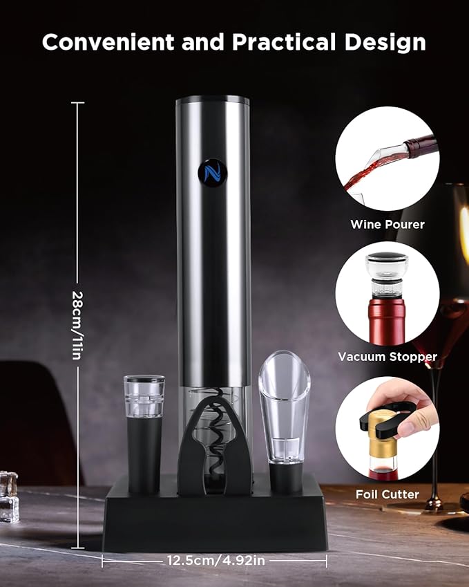 Rechargeable Electric Wine Opener with Charging Base, Aerator Pourer, Vacuum Stoppers & Foil Cutter, Luxury Christmas White Elephant Gift for Women Men