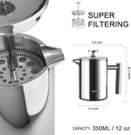 Secura French Press Coffee Maker, 304 Grade Stainless Steel Insulated Coffee Press with 2 Extra Screens, 12oz (0.35 Litre), Silver
