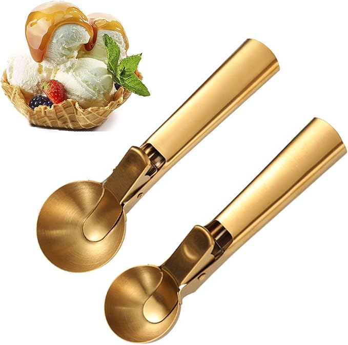 Ice Cream Scoop, 2Pcs Stainless Steel Gold Cookie Scoop with Trigger Melon Baller Scooper Cones, Specialty Tools and Gadgets, Ice Cream Spoon Food Scoop for Frozen Yogurt Sundaes Fruit Cookie