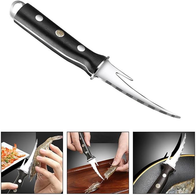 Shrimp Line Cutter and Peeling Knife with Wood Handle, Seafood Cleaning Tool for Shrimp Deveining and Fish Fillet Preparation, Kitchen Specialty Gadget for Home Cooking