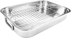 Stainless Steel Roasting Pan with Rack Rectangular Baking Pan BBQ Bakeware Quarter Sheet with Handles for Turkey Chicken Meat & Vegetables (36x26x6CM)