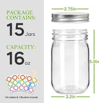 Glass Mason Jars with Silver Lids 16 oz - 15 Pack Regular Mouth Canning Jars for Food Storage, Meal Prep, Overnight Oats, DIY Crafts - Includes 24 Stickers & Brush