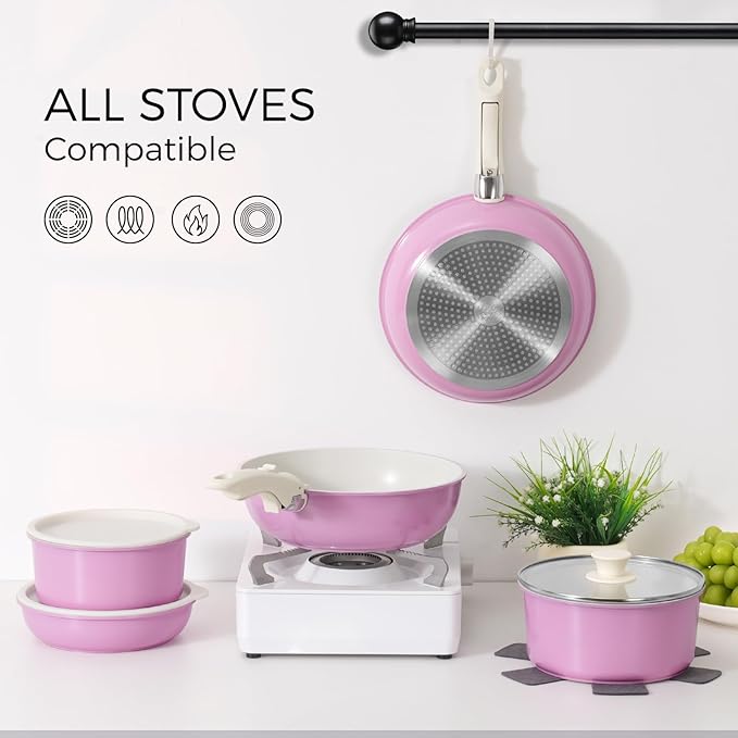 SODAY 15Pcs Pots and Pans Set Non Stick, Cookware Sets with Detachable Handle, Nonstick RV Kitchen Cooking Tools Removable Handles, Oven Safe, Induction Fast, Stackable Induction Cookware, Pink
