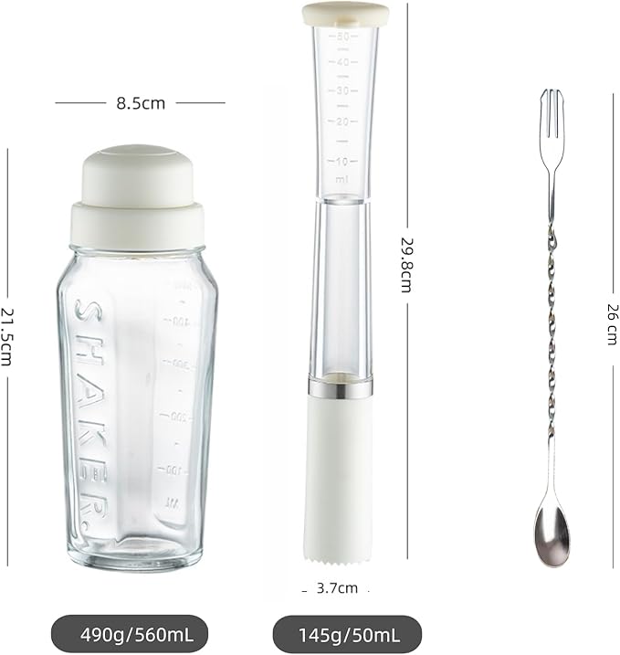 Cocktail Shaker Set-19 oz Glass Martini Shaker with Built-in Strainer，Muddler with Measuring Jigger and Stainless Steel Mixing Spoon, Home Bartender Kit Bar Tool for Margaritas Making, Drinks Mixing