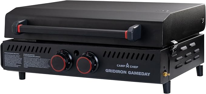 Gridiron Gameday 24" Portable Propane Grill – Flat Top Tabletop Griddle with Hinged Lid, 24,000 BTUs, Flamethrower Ignition, Dual Heat Zones, Adjustable Legs for Tailgating, Camping & Outdoor Cooking