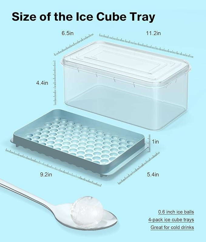 Mini Ice Cube Trays for Freezer - 0.6 IN Tiny Round Pebble Nugget Ice Mold Trays with Lid and Bin, Crushed Ice Trays Makes 104x4 pcs Ice balls - Easy Release Ice Maker for Cocktails, Drinks, Whisky