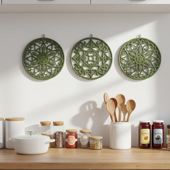 ME.FAN Trivets for Dishes/Pots/Pans, 3 Pcs Silicone Mats, Flexible/Durable/Non Slip Hot Pads to Protect Table and Counter Top (Olive Green)