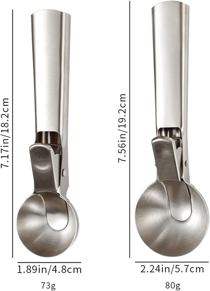 Ice Cream Scoop, 2Pcs Stainless Steel Silver Cookie Scoop with Trigger Melon Baller Scooper Cones, Specialty Tools and Gadgets, Ice Cream Spoon Food Scoop for Frozen Yogurt Sundaes Fruit Cookie