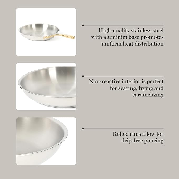 Martha Stewart Castelle 9.5-Inch Stainless Steel Frying Pan with Gold-Tone Handle – Tri-Ply Encapsulated Bottom, Oven Safe & Induction Safe Skillet for Searing and Sautéing