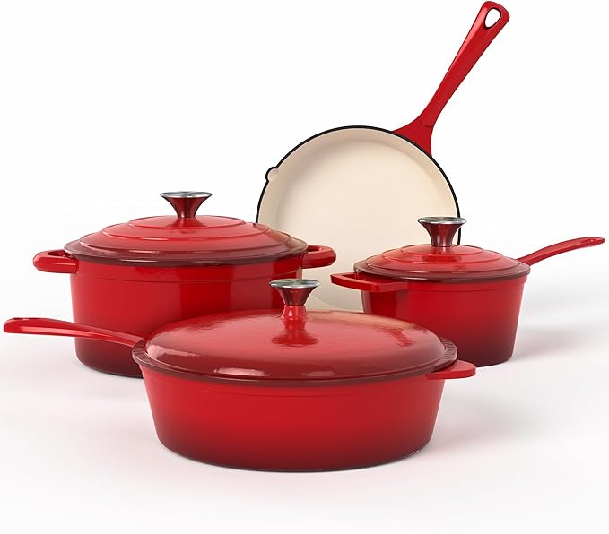 Kitchen Academy Enameled Cast Iron Cookware Sets - 7Pcs Pots and Pans Set Non Toxic, Induction Dutch Oven Set, PFOA&PFAS Free