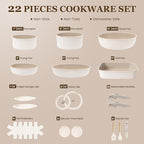 KIKCOIN Nonstick Pots and Pans Set, 22 Pack Ceramic Cookware Set with Detachable Handle, Induction RV Kitchen Cooking Set with Removable Handle, Frying Pans - Dishwasher/Oven Safe, PFOA Free